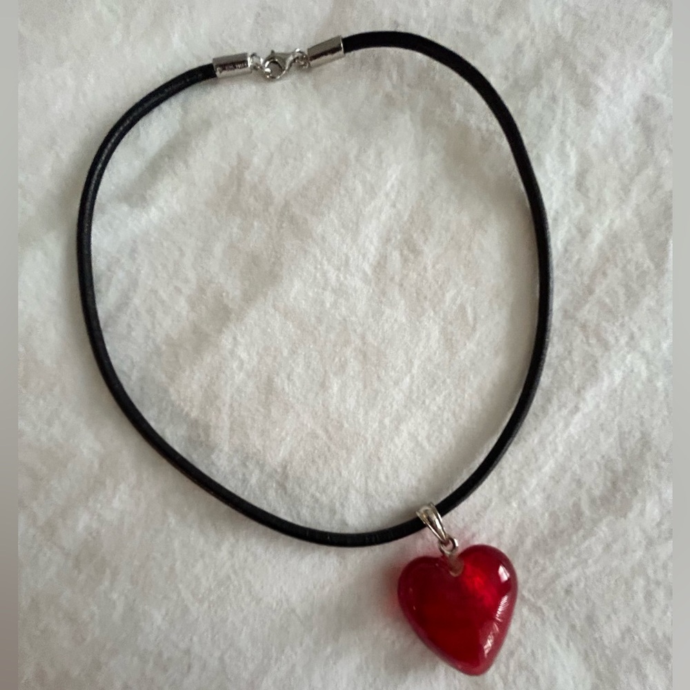 Red heart pendant on a 16 inch nylon black leather cord necklace